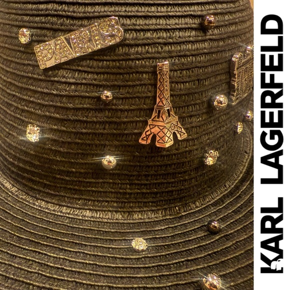 Karl Lagerfeld black Straw signature pin stud charm Sun Hat*NWT main image 3